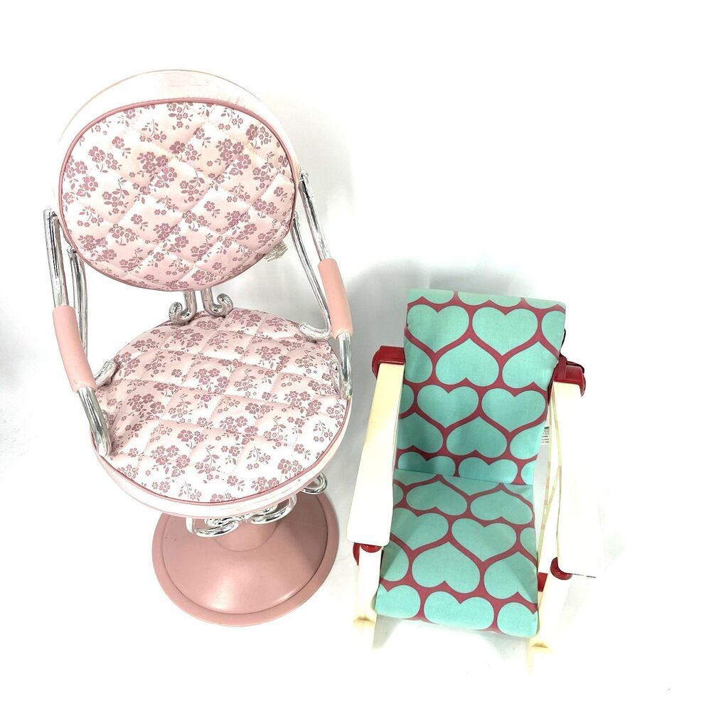 Battat Pink Chrome Salon Chair Hair Highchair Lot 18” Girl Doll Teal Hearts Toy